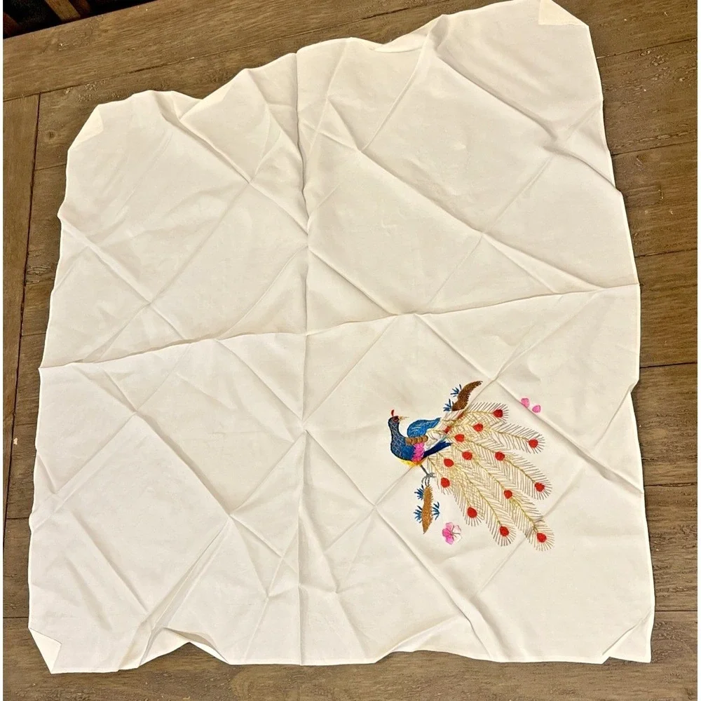 Vintage Embroidered Peacock Scarf White Square Scarf 28